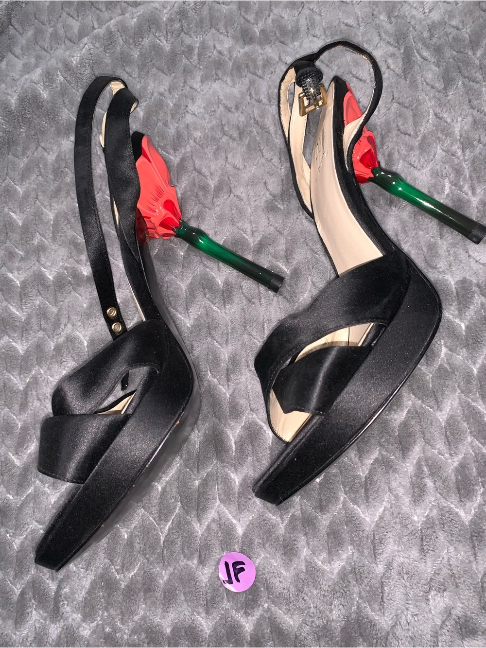 Pelle Moda Black Slingback Platform Heels with Red & Green Floral Accent